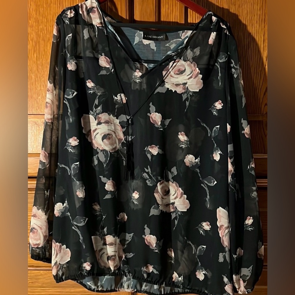 Lane Bryant Black Sheer Blouse with Pink Floral Print
